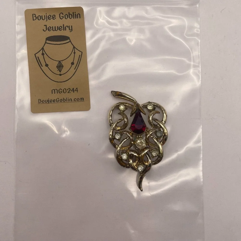 Vintage Gold Tone Red Pear Rhinestone Openwork Shield Filigree Statement Brooch